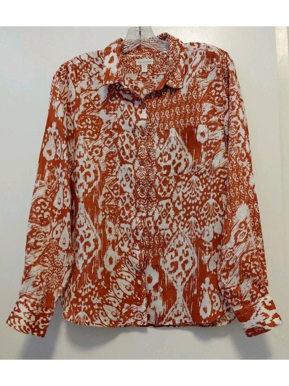 Garnet Hill 100% Linen Button Up Shirt Brown‎ White Size 6 Coastal Resort Cruise